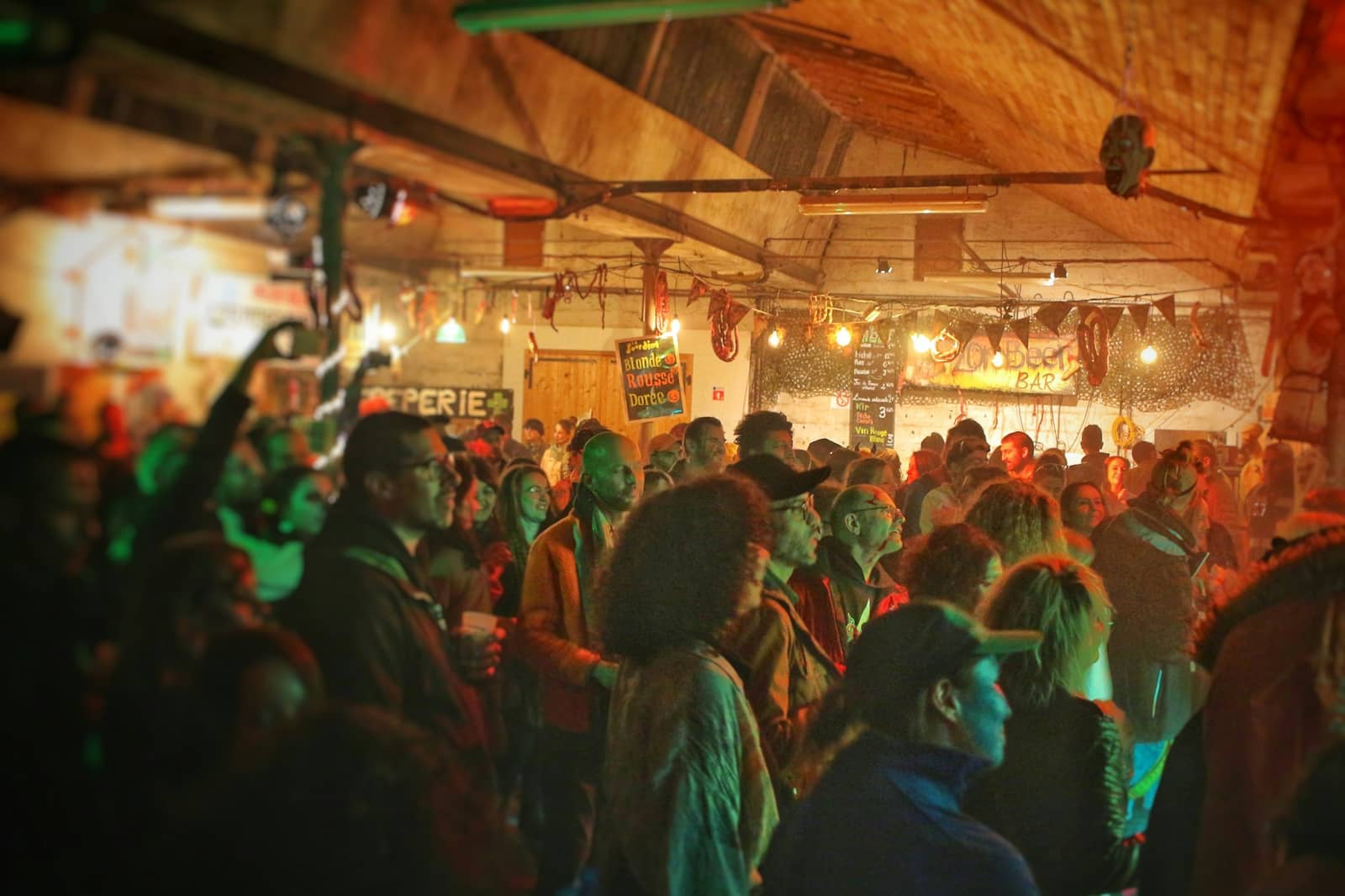 A crowd at a live show under string lights